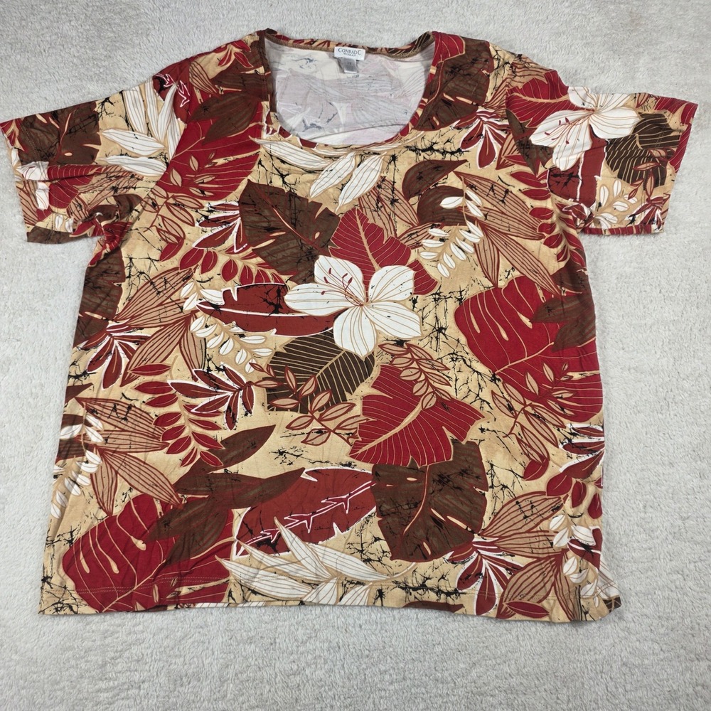 Conrad C Top Women 2X Red Tropical Floral Excellent Short Sleeve Scoop Neck Tee
